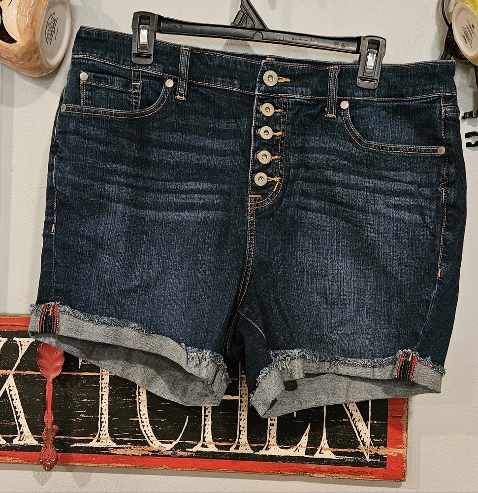 Torrid Dark Blue Jean Shorts with Frayed Hem